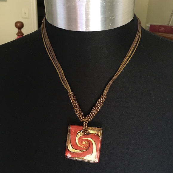 Red and gold swirl Merano glass pendant necklace - Picture 2 of 5
